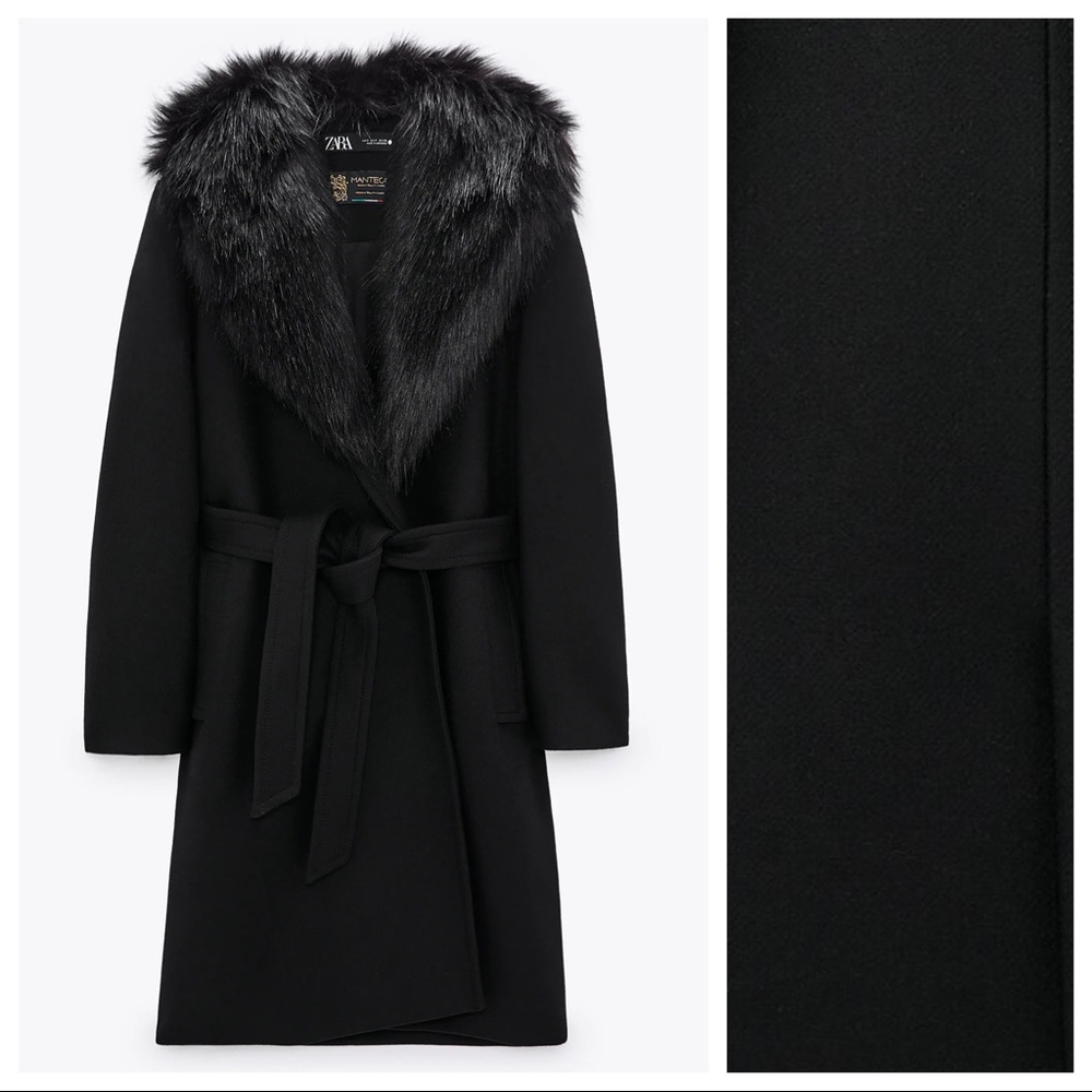 Zara Black Coat with Faux Fur Collar - Picture 4 of 11